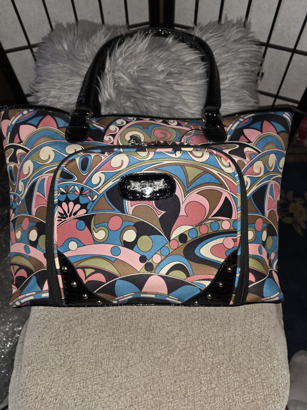 Kathy Van Zeeland Multi-Color Patterned Tote Bag with Black Trim